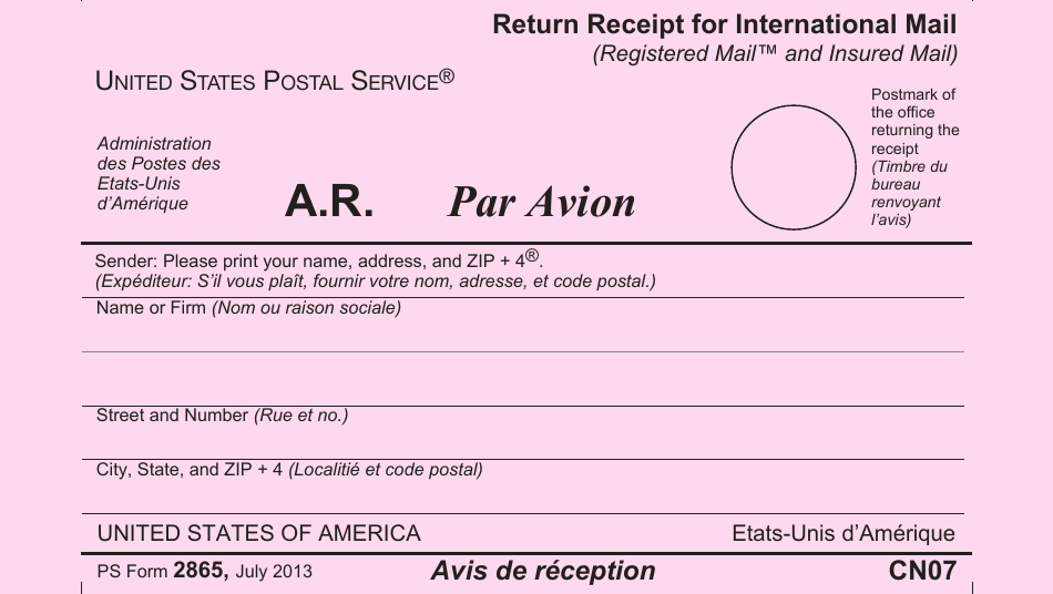 PS Form 2865 Return Receipt for International Mail (English / French), Page 1