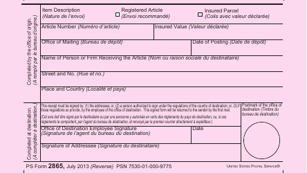 PS Form 2865 Return Receipt for International Mail (English/French), Page 2