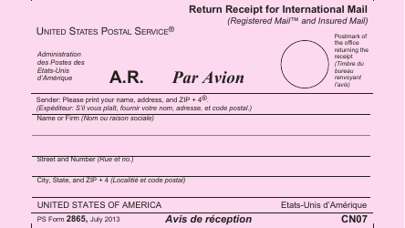 Document preview: PS Form 2865 Return Receipt for International Mail (English/French)