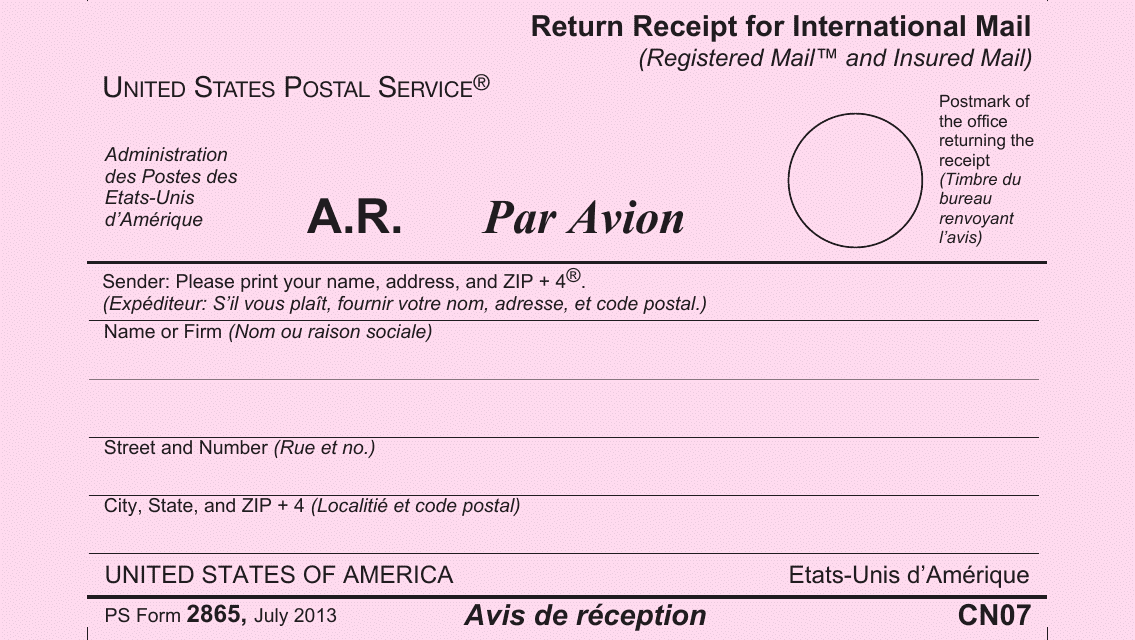 PS Form 2865 Return Receipt for International Mail (English/French)