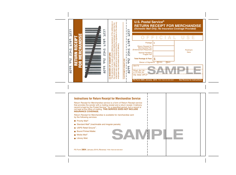 Sample PS Form 3804 Return Receipt for Merchandise, Page 1