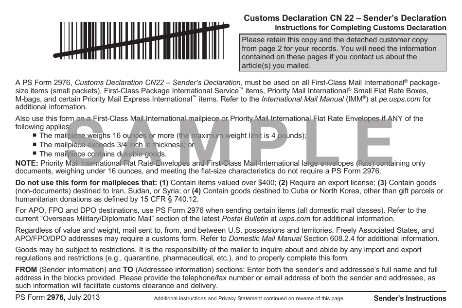 PS Form 2976 Customs Declaration Cn 22 - Sender's Declaration - Sample, Page 1
