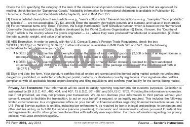 PS Form 2976 Customs Declaration Cn 22 - Sender's Declaration - Sample, Page 2