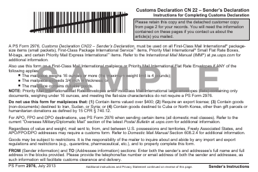 PS Form 2976 Customs Declaration Cn 22 - Sender's Declaration - Sample
