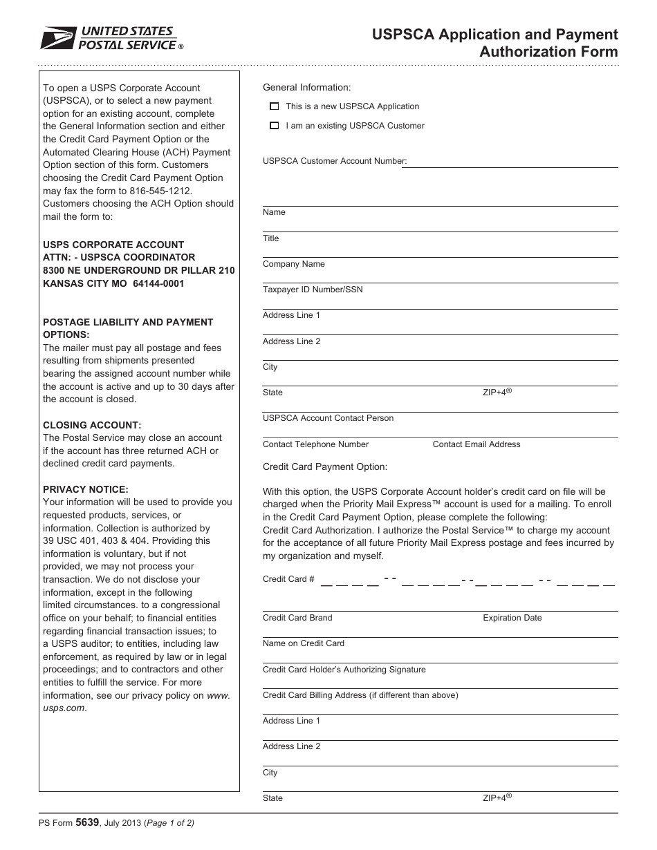 PS Form 5639 Uspsca Application and Payment Authorization Form, Page 1