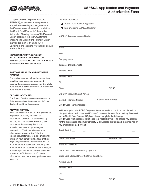PS Form 5639 Uspsca Application and Payment Authorization Form