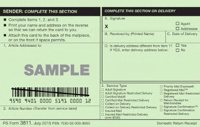 Document preview: PS Form 3811 Domestic Return Receipt - Sample
