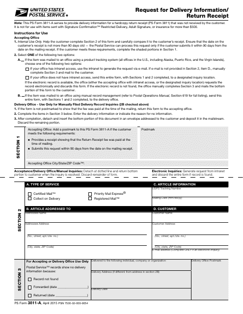 PS Form 3811-A  Printable Pdf