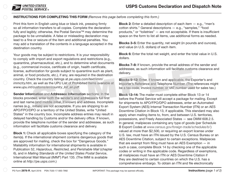 PS Form 2976-R USPS Customs Declaration and Dispatch Note, Page 1