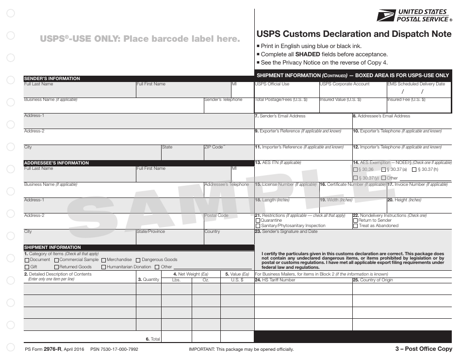 PS Form 2976R Fill Out, Sign Online and Download Printable PDF