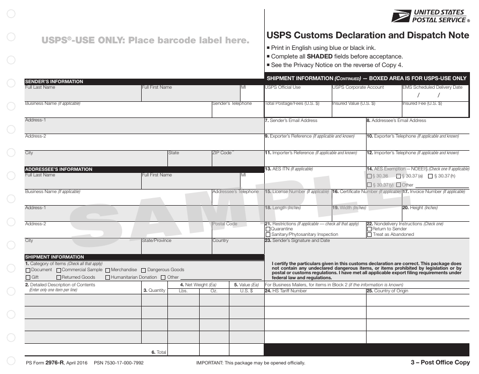 Ps Form 2976 R Printable