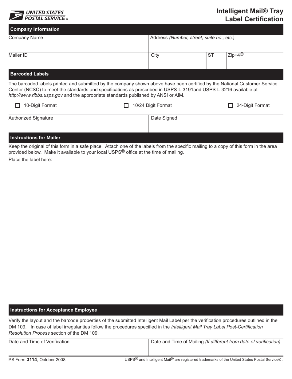 PS Form 3114 Intelligent Mail Tray Label Certification, Page 1