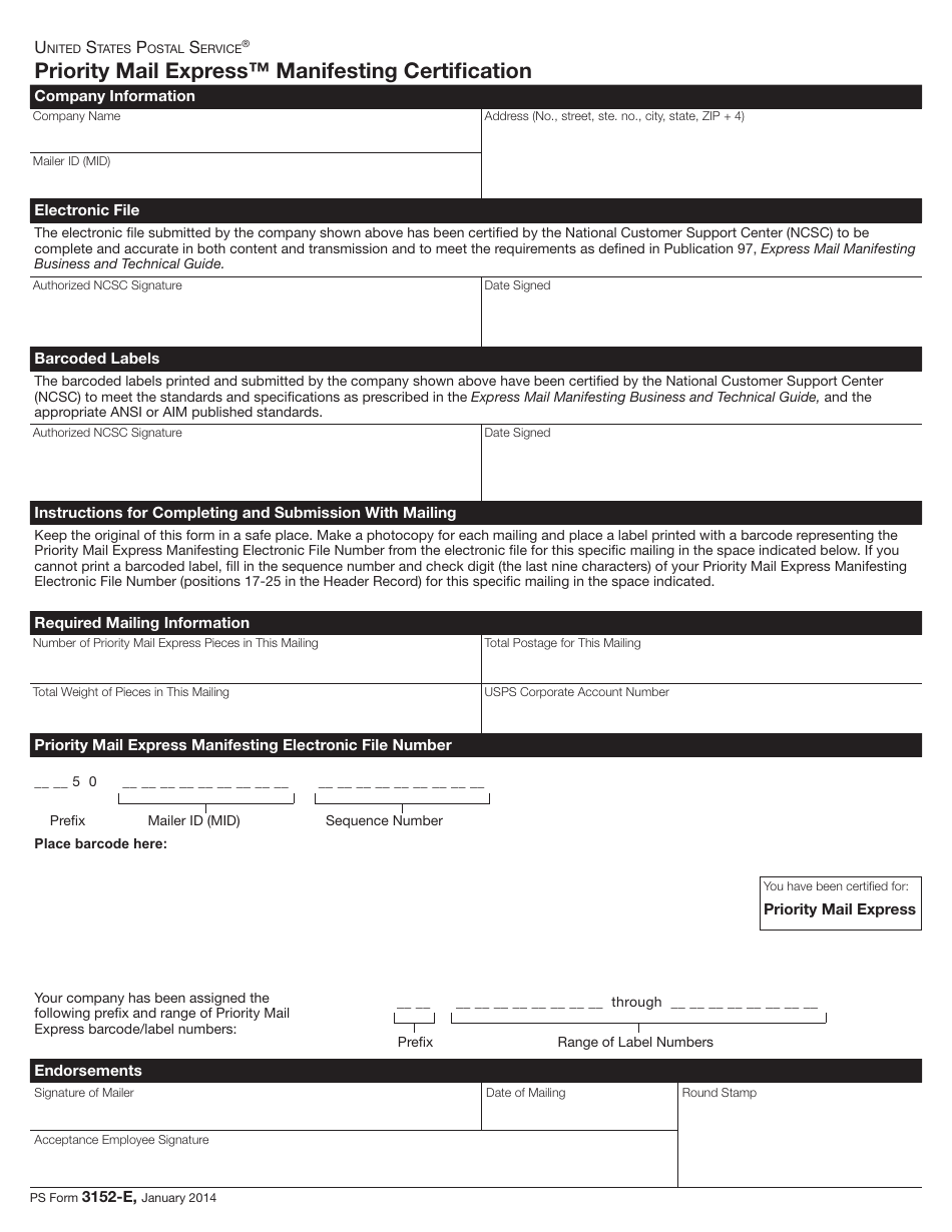 PS Form 3152-E Priority Mail Express Manifesting Certification, Page 1