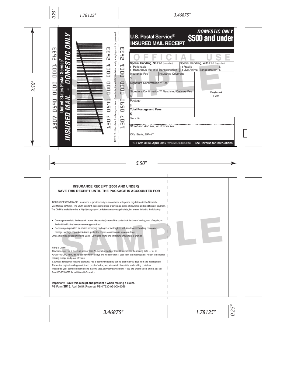 Sample PS Form 3813 Insured Mail Receipt  Domestic Only  $500 and Under, Page 1