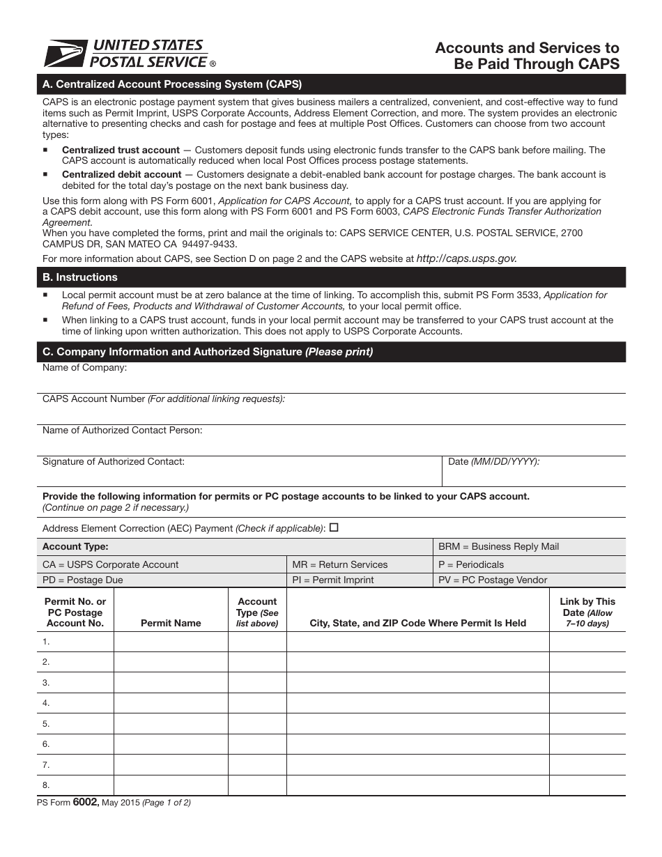 PS Form 6002 Accounts and Services to Be Paid Through Caps, Page 1