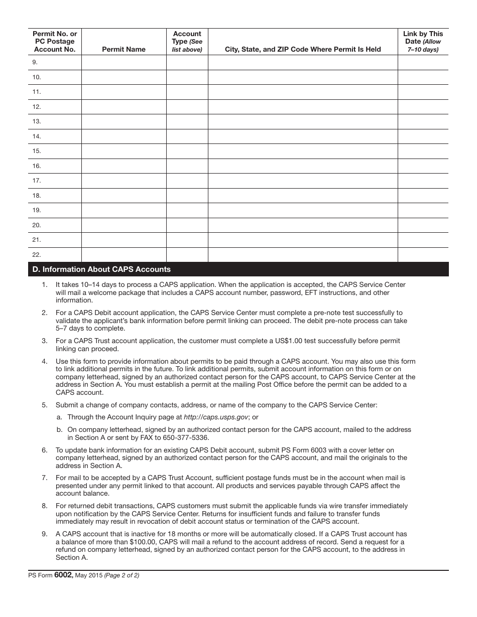 PS Form 6002 Accounts and Services to Be Paid Through Caps, Page 2