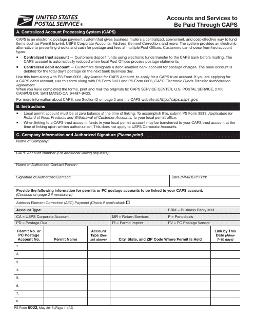 PS Form 6002 Accounts and Services to Be Paid Through Caps