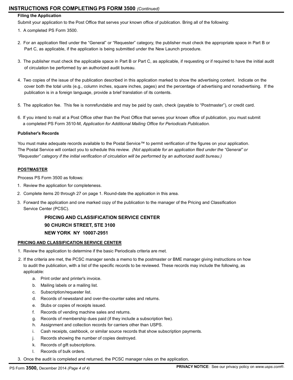 PS Form 3500 Application for Periodicals Mailing Privileges, Page 4
