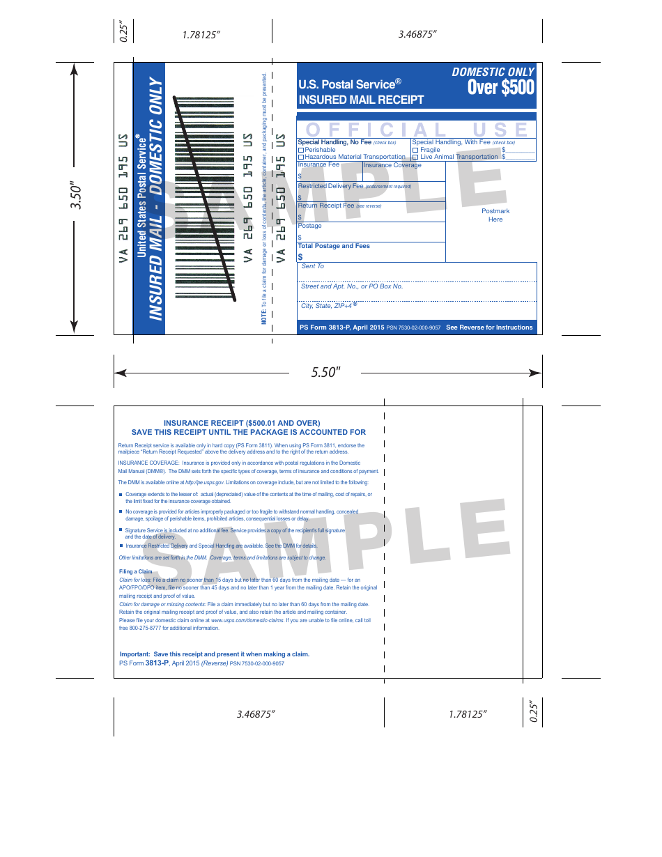 Sample PS Form 3813-P Insured Mail Receipt - Domestic Only - Over $500, Page 1
