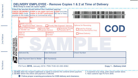 Sample PS Form 3816 &quot;Collect on Delivery (Cod) Mailing and Delivery Receipt&quot;