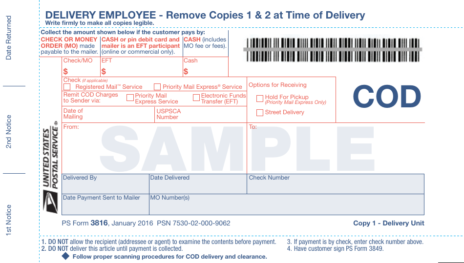 Sample PS Form 3816 Collect on Delivery (Cod) Mailing and Delivery Receipt, Page 1
