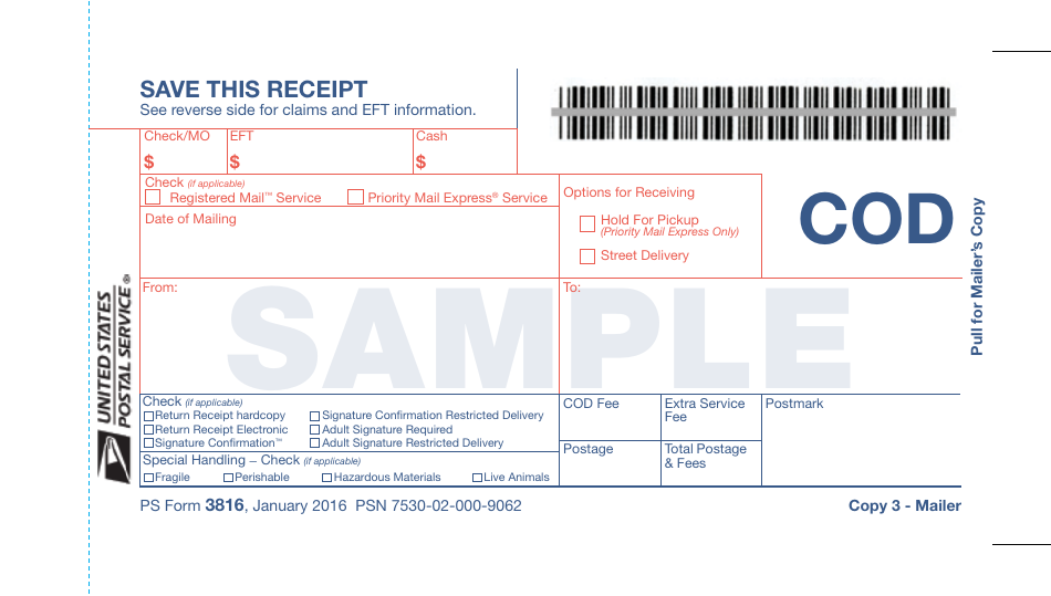 Sample PS Form 3816 Collect on Delivery (Cod) Mailing and Delivery Receipt, Page 3