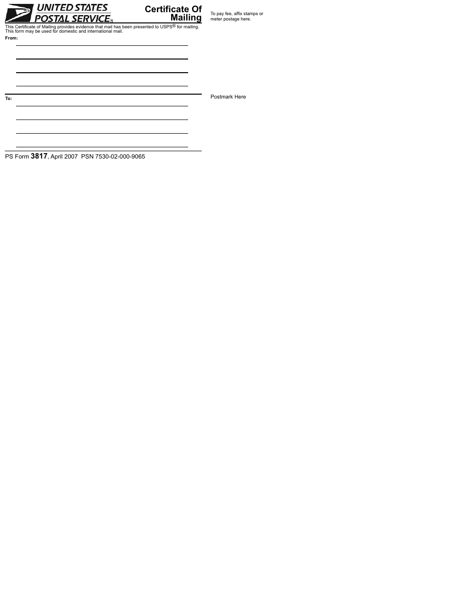 PS Form 3817 Certificate of Mailing, Page 1