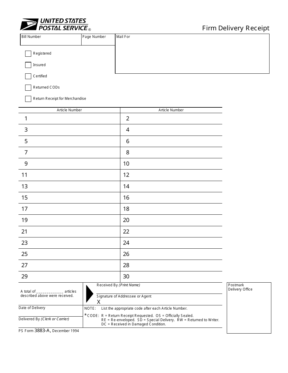 PS Form 3883-A Firm Delivery Receipt, Page 1