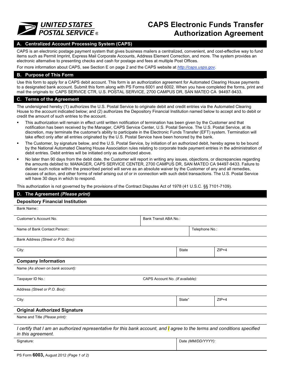 PS Form 6003 Caps Electronic Funds Transfer Authorization Agreement, Page 1