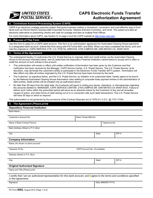 PS Form 6003 Caps Electronic Funds Transfer Authorization Agreement