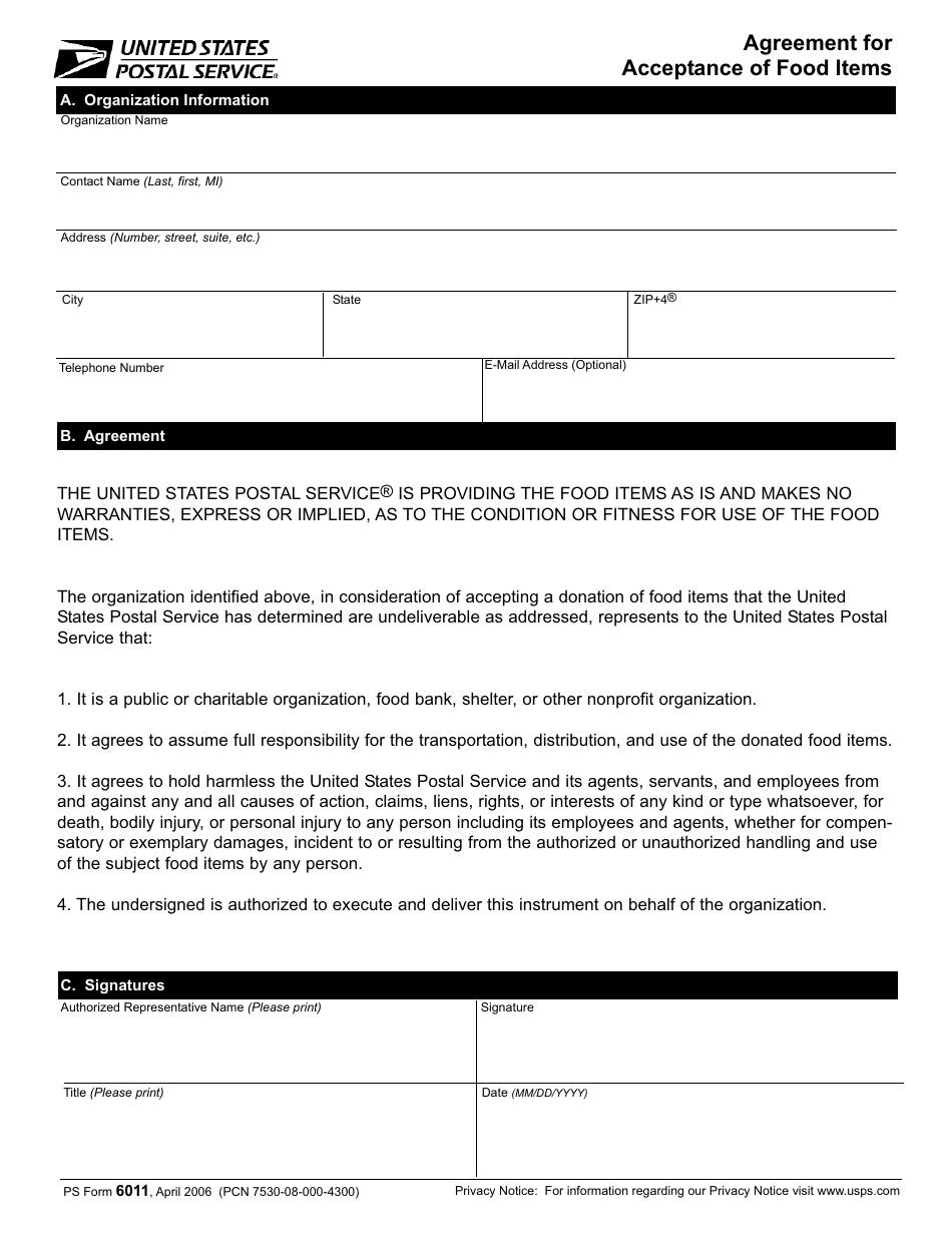 PS Form 6011 Agreement for Acceptance of Food Items, Page 1