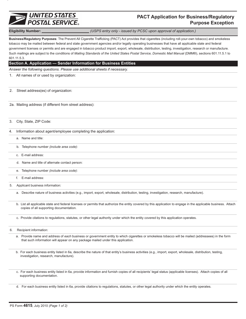 PS Form 4615 Pact Application for Business / Regulatory Purpose Exceptio, Page 1
