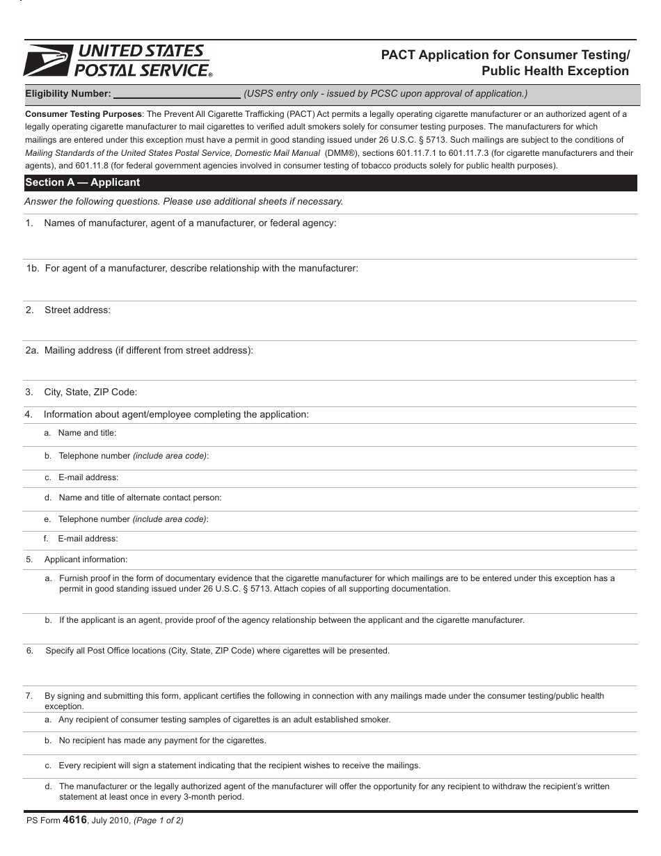 PS Form 4616 Pact Application for Consumer Testing / Public Health Exception, Page 1