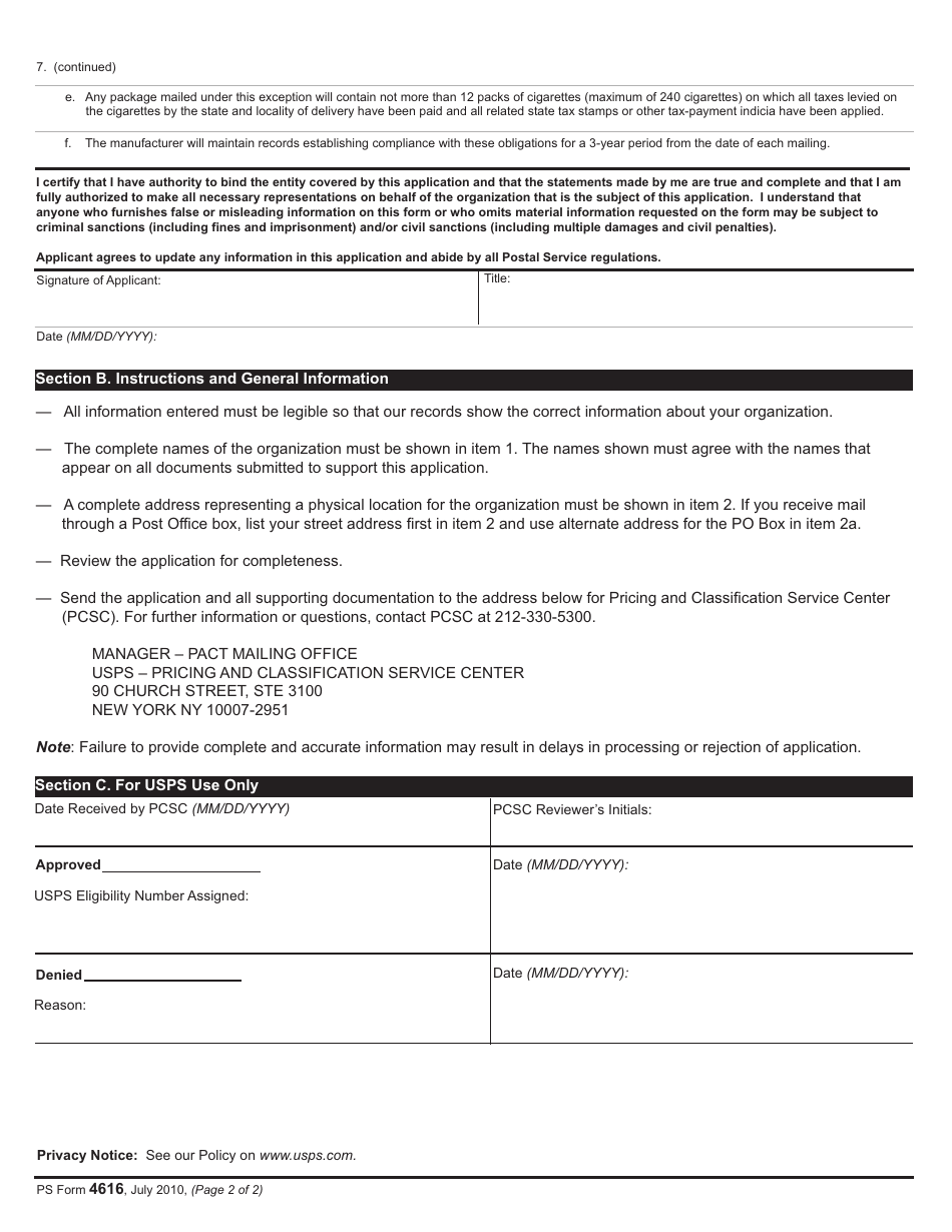 PS Form 4616 Pact Application for Consumer Testing / Public Health Exception, Page 2