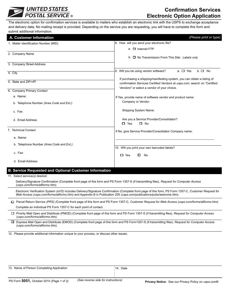 PS Form 5051 Confirmation Services Electronic Option Application, Page 1