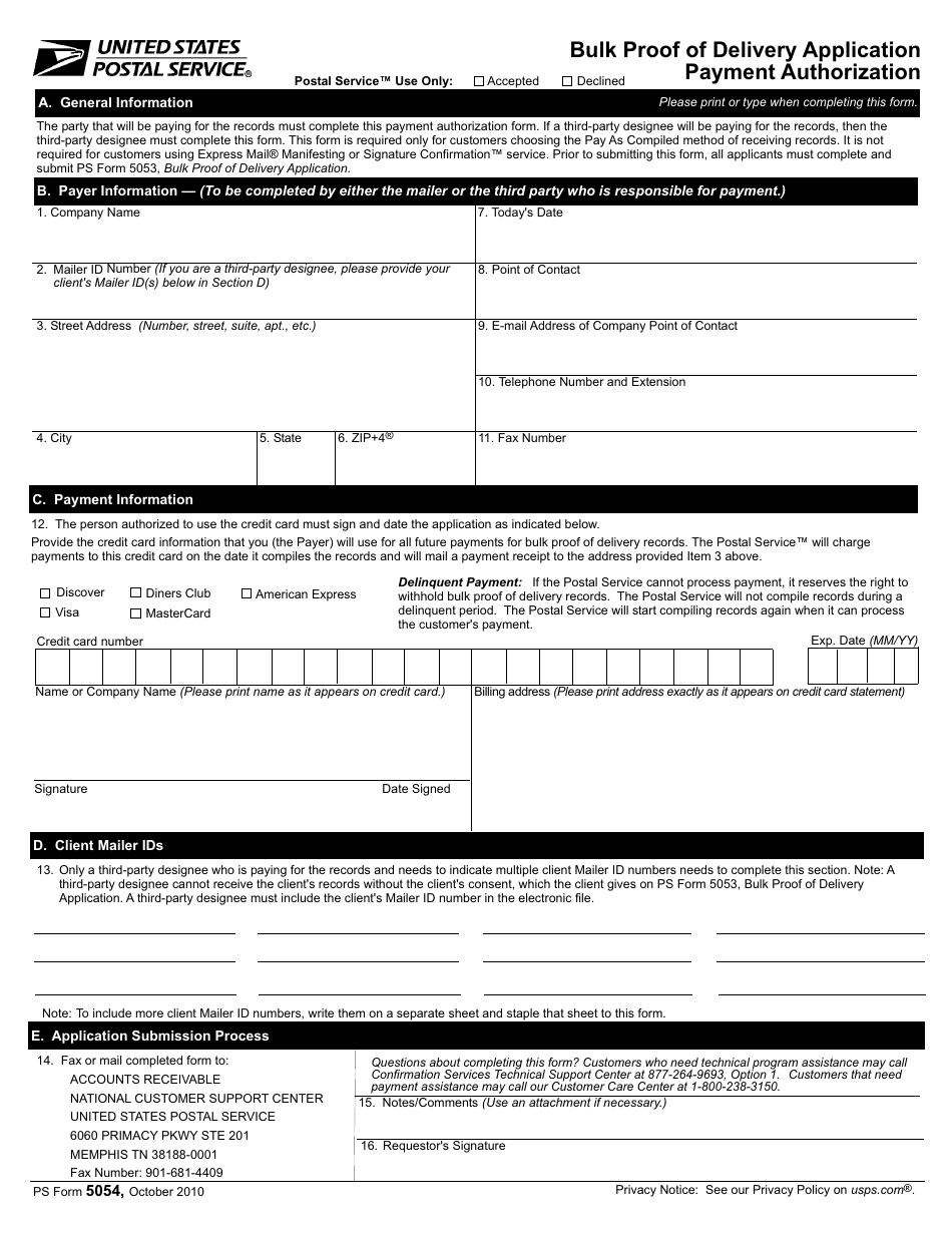 PS Form 5054 Bulk Proof of Delivery Application Payment Authorization, Page 1