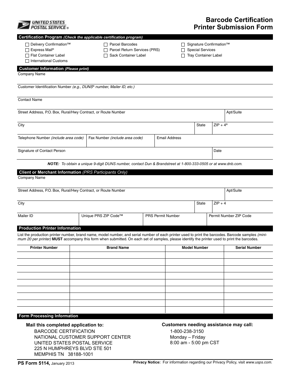 PS Form 5114 Barcode Certification Printer Submission Form, Page 1