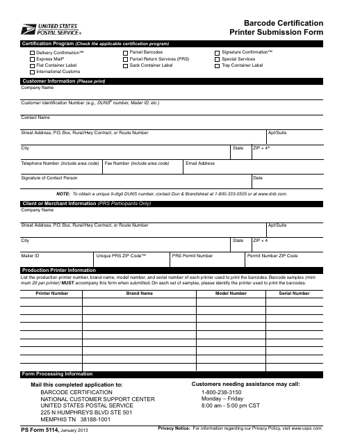 PS Form 5114 Barcode Certification Printer Submission Form