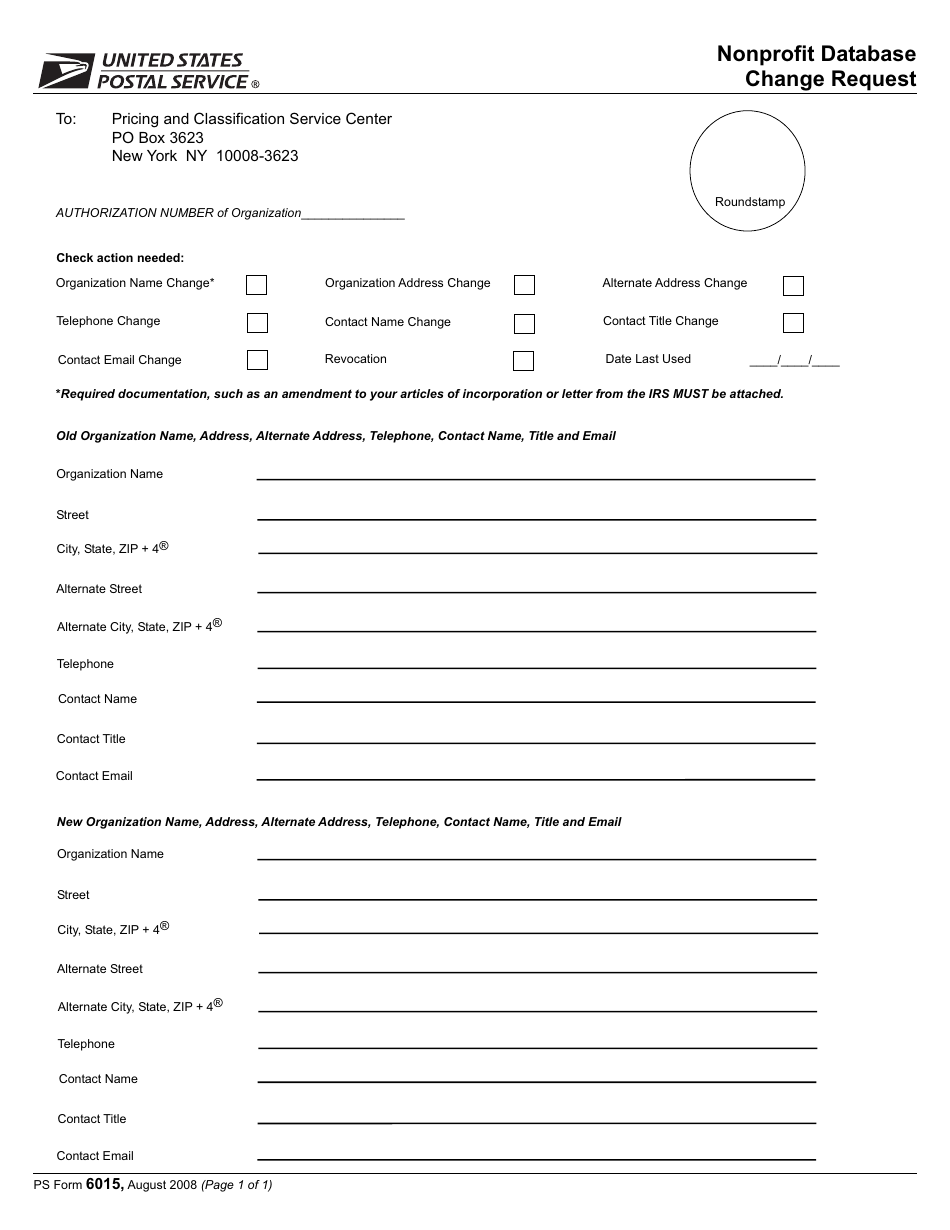 PS Form 6015 Nonprofit Database Change Request, Page 1