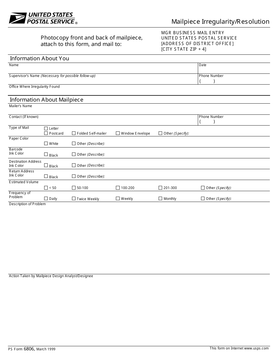PS Form 6806 Mailpiece Irregularity / Resolution, Page 1