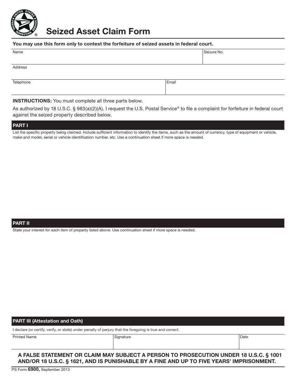 PS Form 6900 Seized Asset Claim Form, Page 1