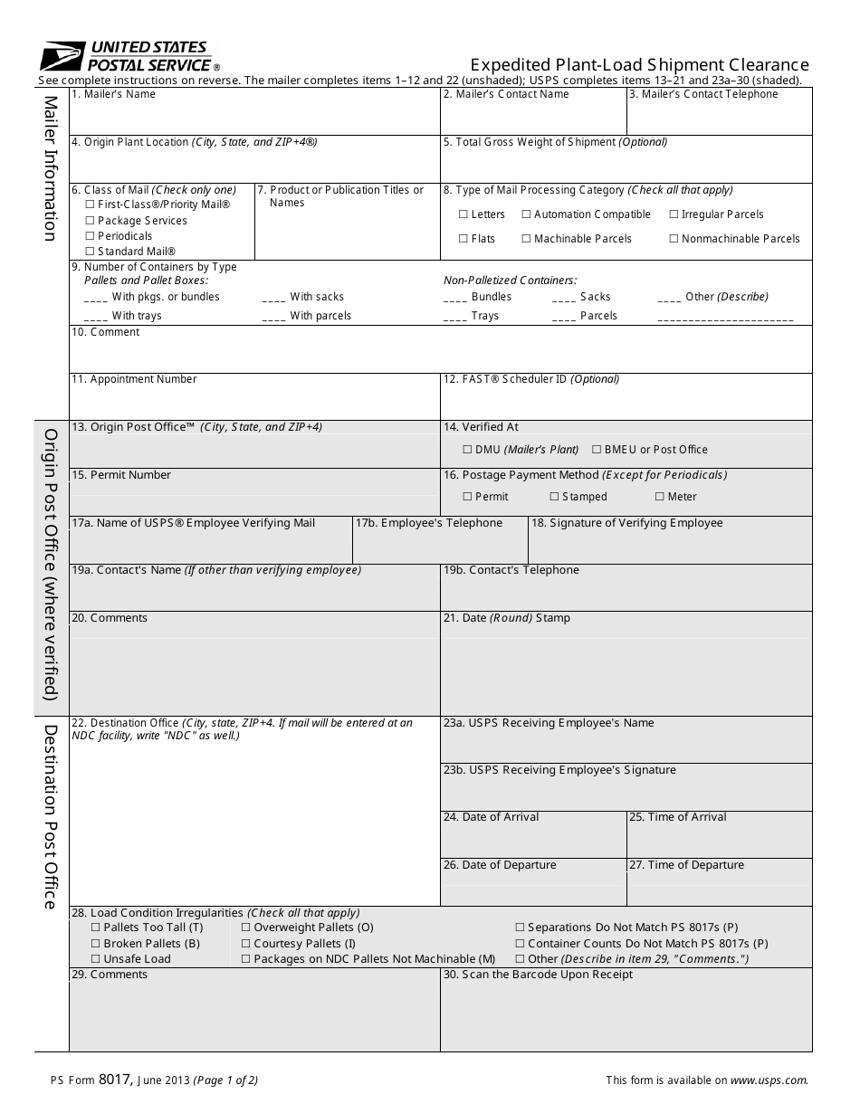 PS Form 8017 Expedited Plant-Load Shipment Clearance, Page 1