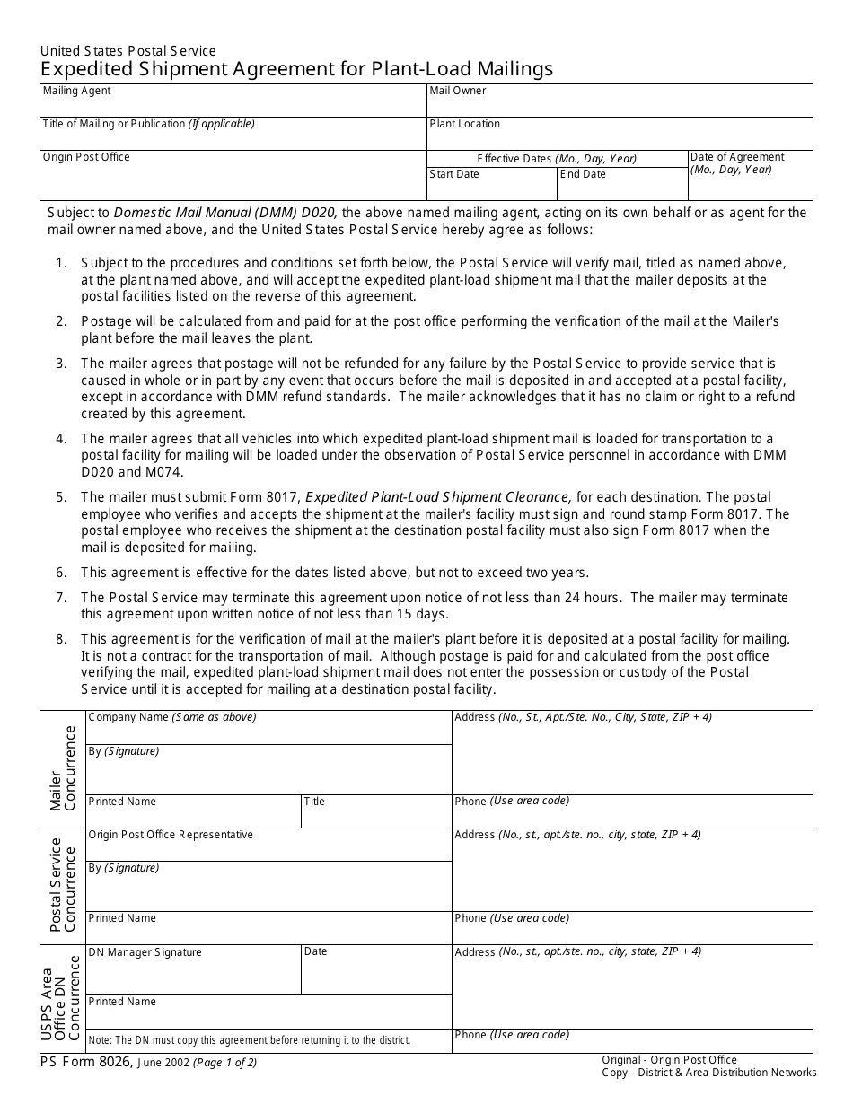 PS Form 8026 Expedited Shipment Agreement for Plant-Load Mailings, Page 1