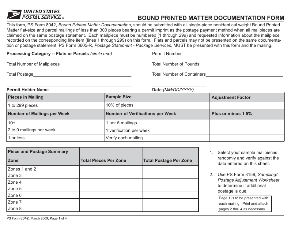 PS Form 8042 Bound Printed Matter Documentation Form, Page 1