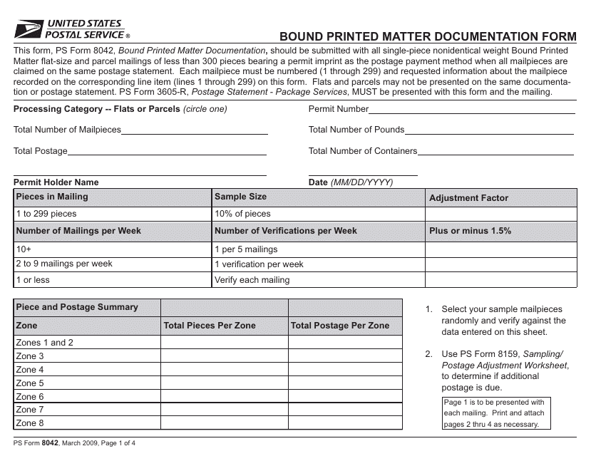 PS Form 8042 Bound Printed Matter Documentation Form