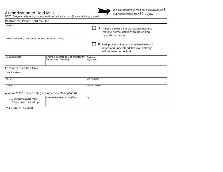 PS Form 8076 Authorization to Hold Mail, Page 1