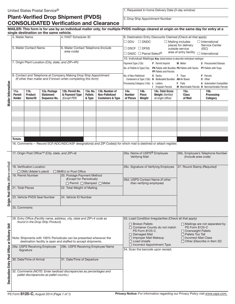 PS Form 8125-C Plant-Verified Drop Shipment (Pvds) Consolidated Verification and Clearance, Page 1