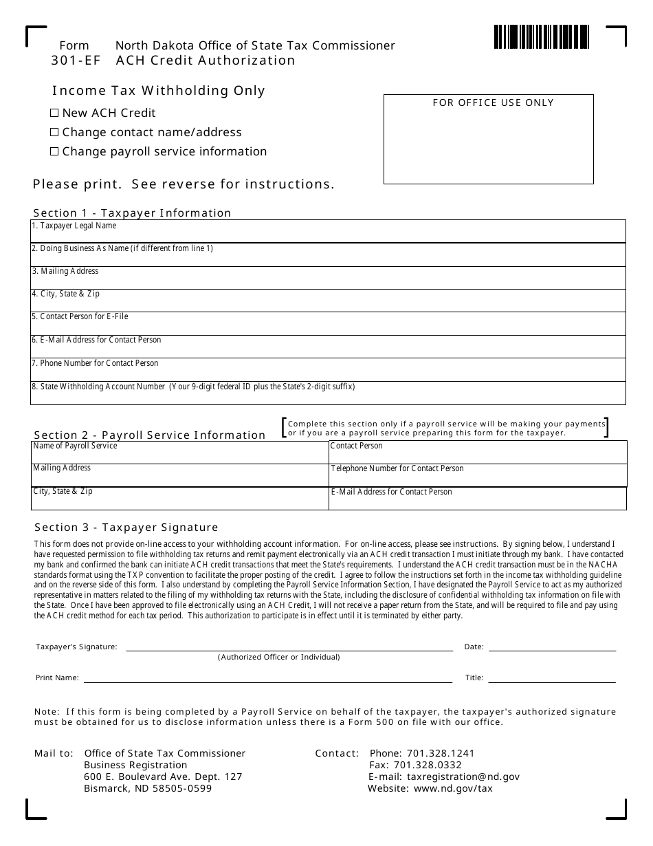Form 301-EF Application for Withholding - ACH Credit Authorization - North Dakota, Page 1