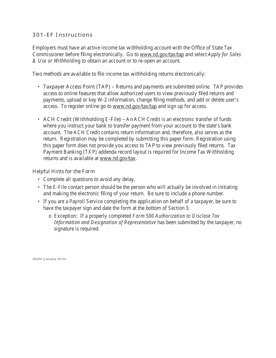 Form 301-EF Application for Withholding - ACH Credit Authorization - North Dakota, Page 2