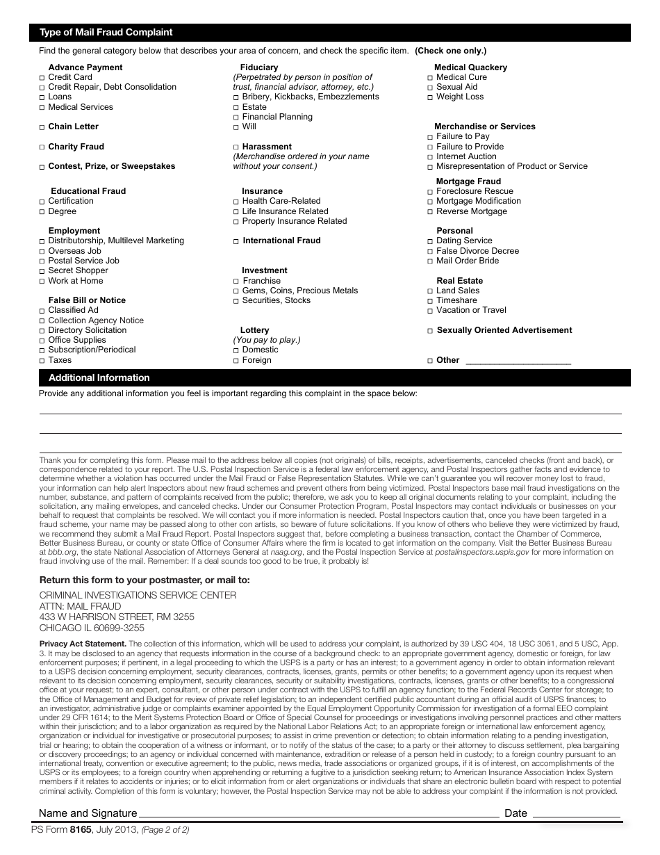 PS Form 8165 Mail Fraud Report, Page 2